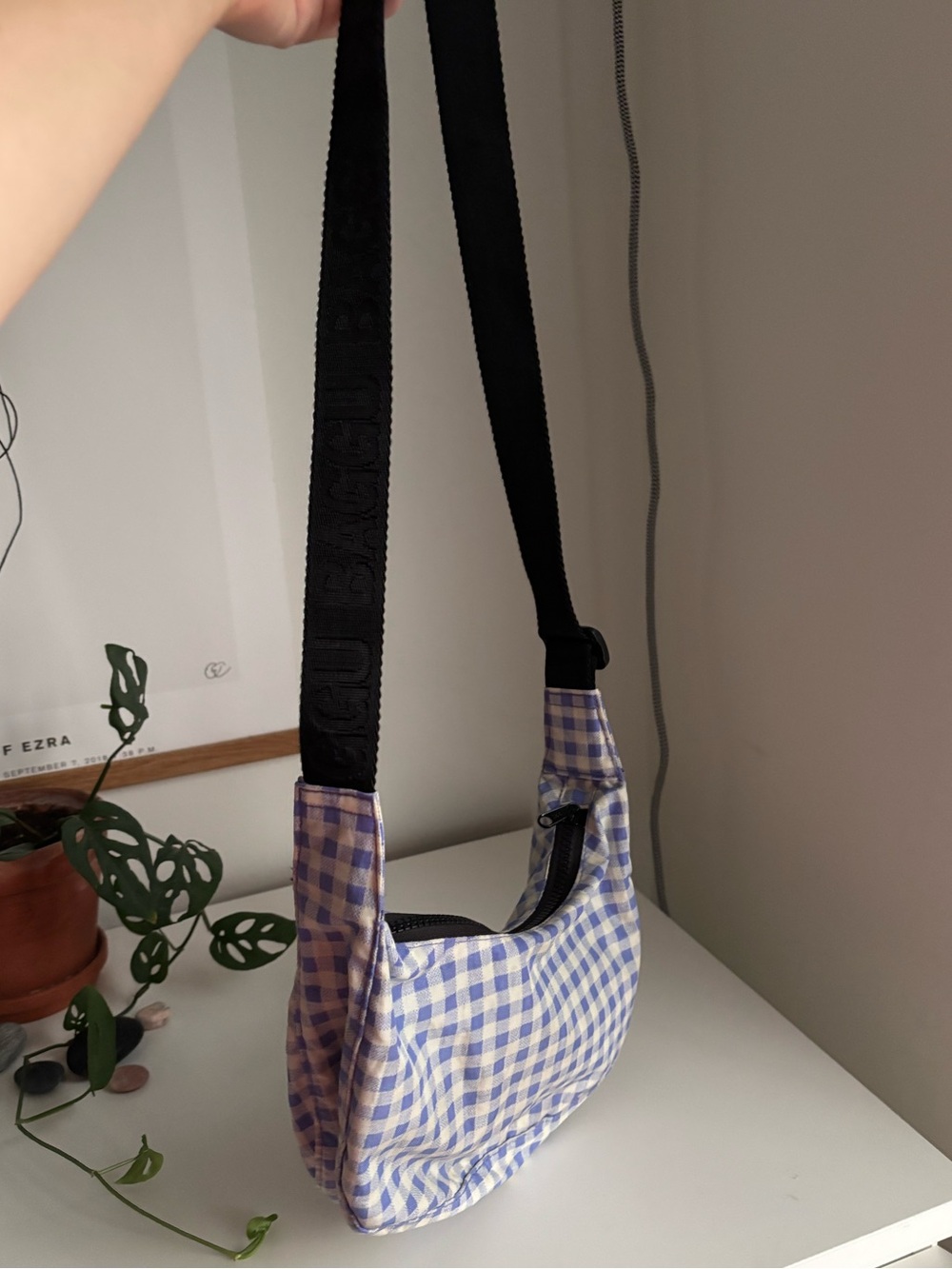 BAGGU Small Crescent Bag in Lavender and White Gingham